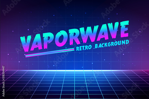 Vaporwave text on laser grid background. Retro geometric illustration witn neon color and gradient. Abstract stage and night star sky. Template for music poster, cover, flyer in 80s style.