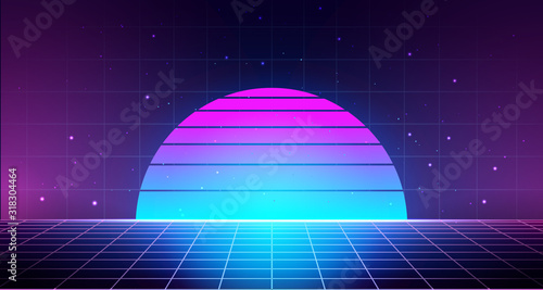 Retro background with laser grid, abstract landscape with sunset and star sky. Vaporwave, synthwave 80s cyberpunk style illustration. Minimal template for poster, flyer, cover, music festival, dj set.