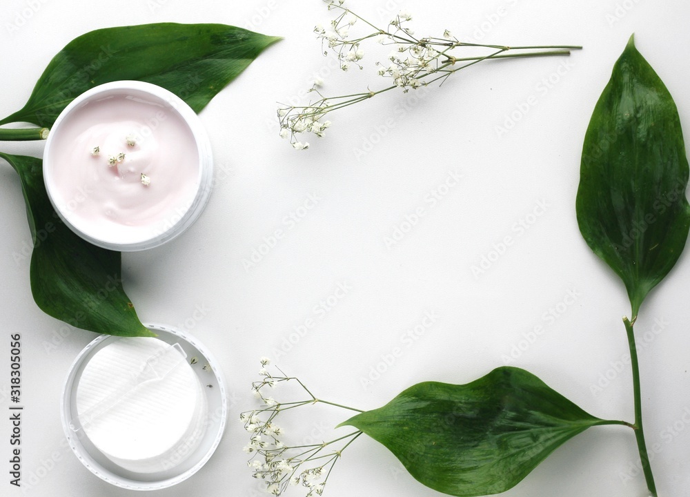Organic skincare products on minimalistic background with copy space