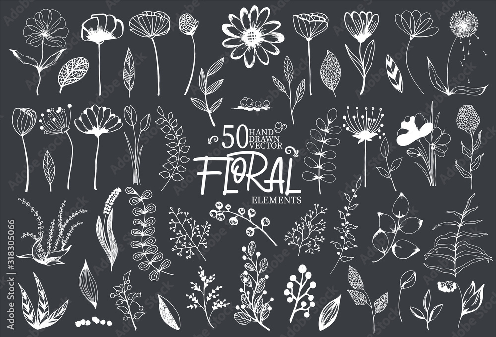 Beautiful big set of floral elements. 50 hand drawn doodle sketchy flowers, leaves, branches and berries. Vector for design cards, wedding invitations, poster, Birthday, Valentines Day greeting cards. Beautiful big set of floral elements. 50 hand drawn doodle sketchy flowers, leaves, branches and berries. Vector for design cards, wedding invitations, poster, Birthday, Valentines Day greeting cards.