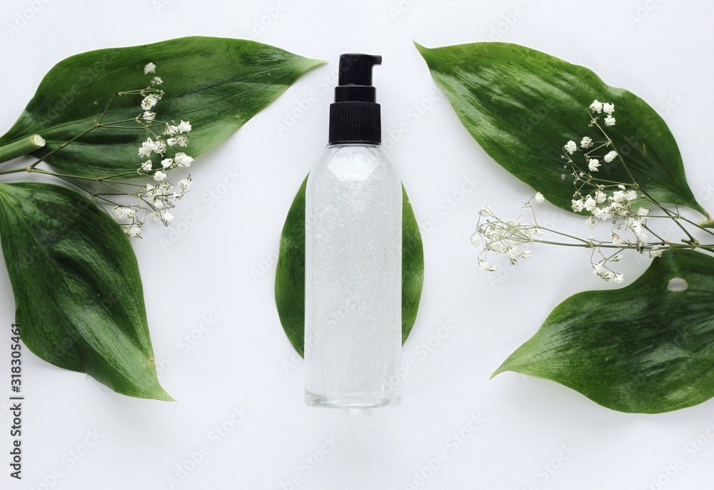 Organic skincare products on minimalistic background with copy space