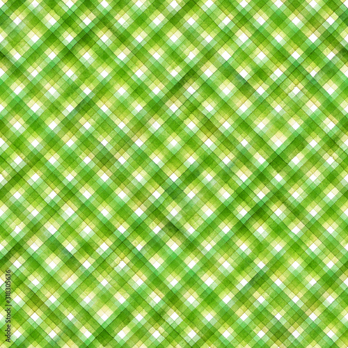 Watercolor stripe diagonal plaid seamless pattern. Green stripes on white background