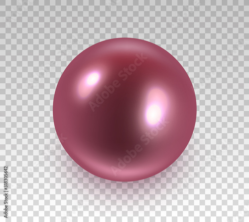 Realistic red pearl with shadow isolated on white background. Shiny oyster pearl for luxury accessories. Sphere shiny sea pearl. Beautiful natural white pearl. Shiny 3D jewel with light effects