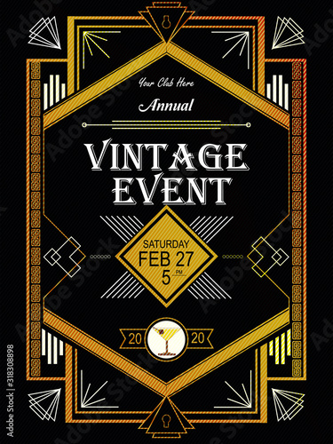 Vintage event luxury art deco party invitation design template with gold geometric ornament on a red and black background. Vintage invitation template design for drink list, bar menu, your event.