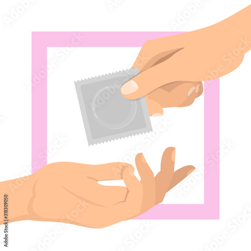 Hand giving condom vector isolated. Safe sex, protection