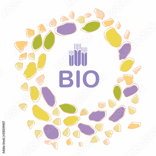 Bio packaging design. Logo and pieces of granules around. Vector hand drawing