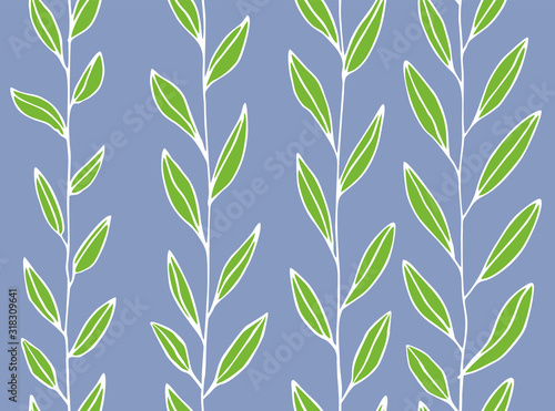 Stems with green leaves on a gray background. Seamless pattern. Vector hand drawing