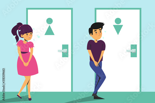 Children standing at the toilet door and want to pee