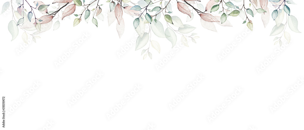 Obraz Akwarela malowana ramka kwiatowy na białym tle. Układ z gałęzi i liści.