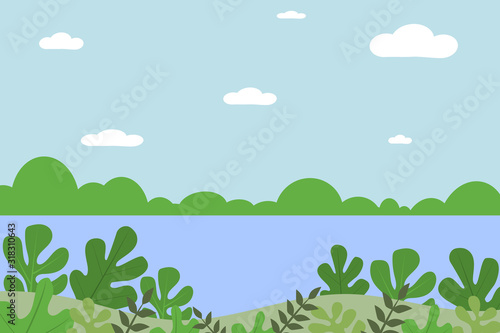 Landscape from fantasy compositions. Sea with mountains and trees in a minimal style. Flat design  vector illustration