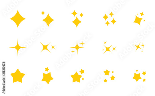Yellow, gold, orange sparkles symbols vector. The set of original vector stars sparkle icon. Bright firework, decoration twinkle, shiny flash. Glowing light effect stars and bursts collection. Vector
