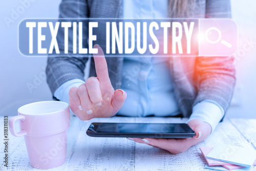 Handwriting text Textile Industry. Conceptual photo production and distribution of yarn cloth and clothing Business woman sitting with mobile phone and cup of coffee on the table photo