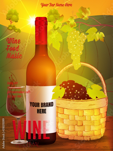 Template with wine bottle, wine glass, basket, vine, wine tasting text on vineyard fields and hills Background. Isolated bottle A4 size. Idea for wine events, magazines or brochures. Vector EPS 10