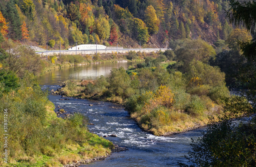 Poprad River in Autumn. View from hamlet Kace, Slovakia.