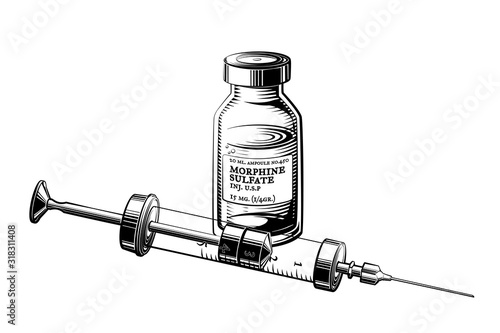 Morphine drug bottle and syringe vector. Hand drawn illustration of injectable drug.