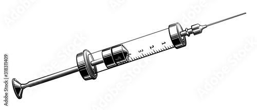 Glass syringe vector illustration in black and white. Hand drawn vintage syringe in ink. photo