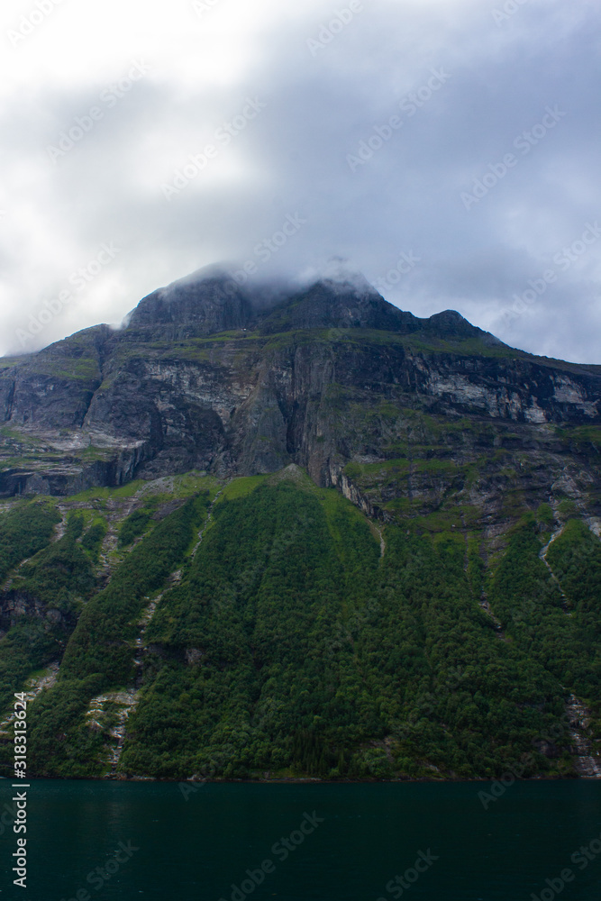 View of Geiranger fjord and mountains from a boat