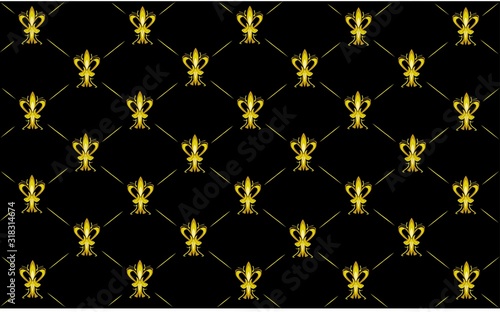 Pattern, golden fleur-de-lis on a black background. Suitable for gift wrapping template.