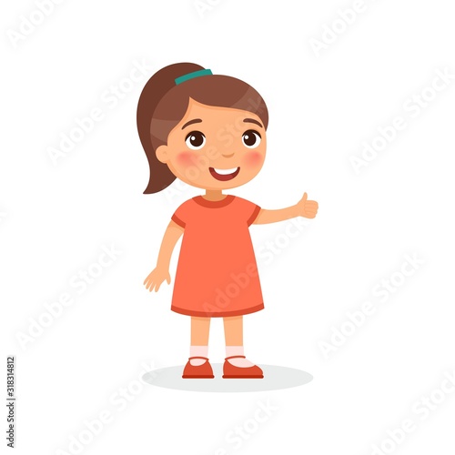Cute girl showing thumbs up gesture color flat vector illustration. Happy little kid in red dress and dark hair ponytail. Smiling toddler, preteen child cartoon character isolated on white background