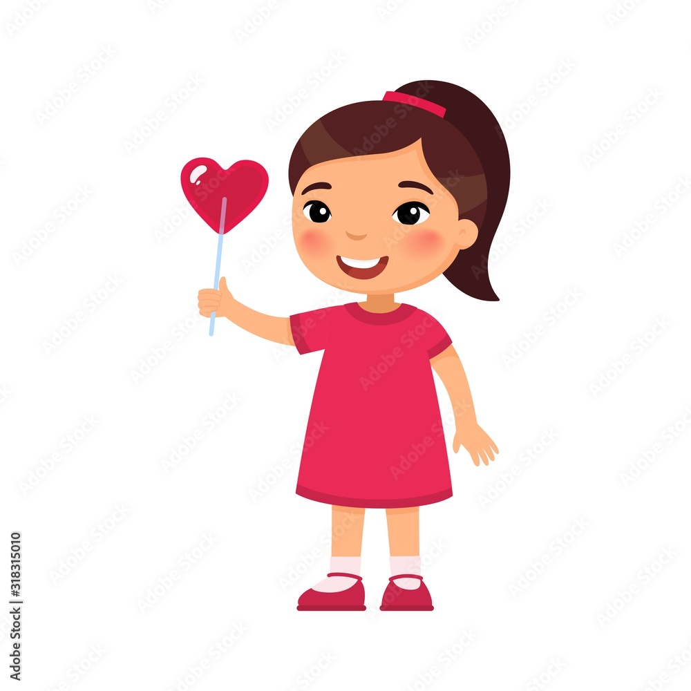 Little girl holding heart shaped candy flat vector illustration. Valentines Day celebration. Asian child character with lollipop on stick. February 14 holiday isolated design element Little girl holding heart shaped candy flat vector illustration. Valentines Day celebration. Asian child character with lollipop on stick. February 14 holiday isolated design element