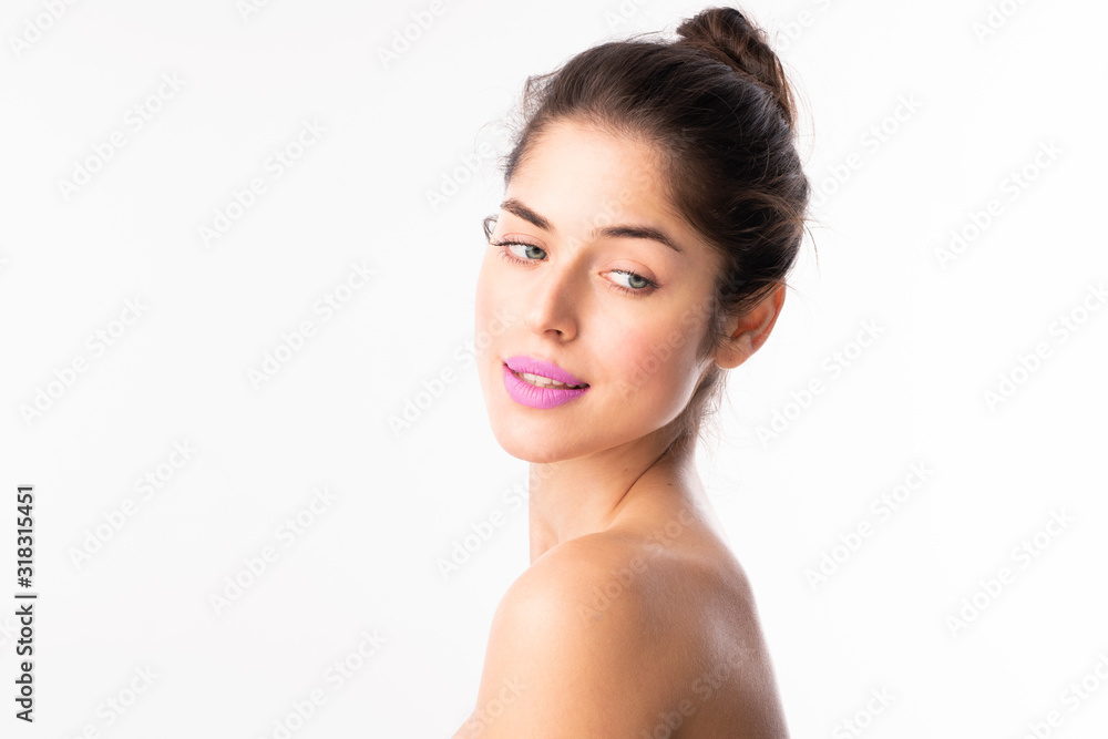 Beauty portrait of young woman with flawless face skin and purple lipstick Beauty portrait of young woman with flawless face skin and purple lipstick