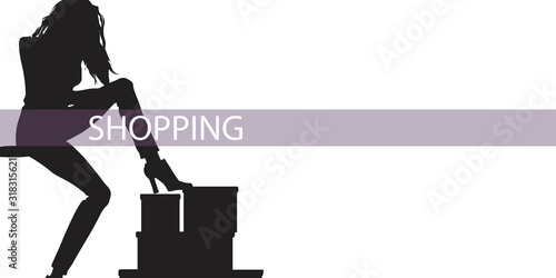Silhouette of young woman with shopping, shoe boxes. Concept of sale or new collections. Fashion illustration, vector