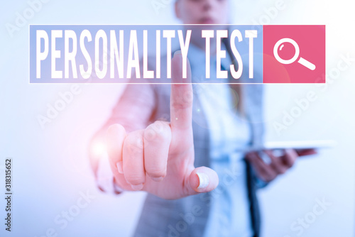 Text sign showing Personality Test. Business photo showcasing A method of assessing huanalysis demonstratingality constructs Digital business concept with business woman photo