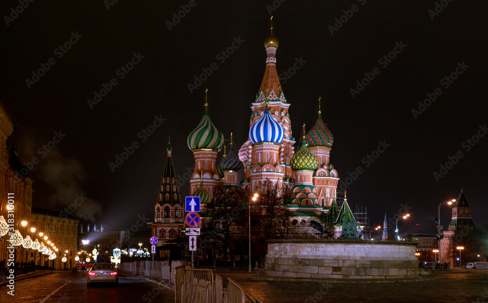 St Basils cathedral at night in Moscow, Russia