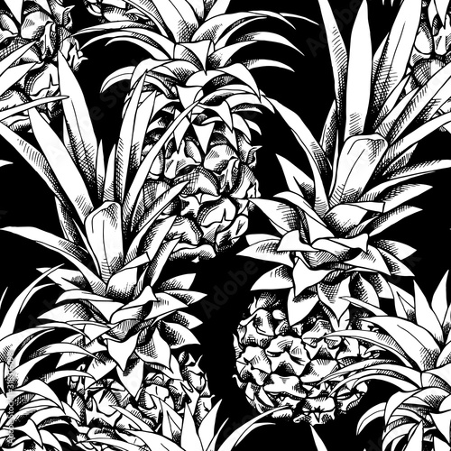 Seamless pattern with image of a pineapple fruit. Vector black and white illustration.