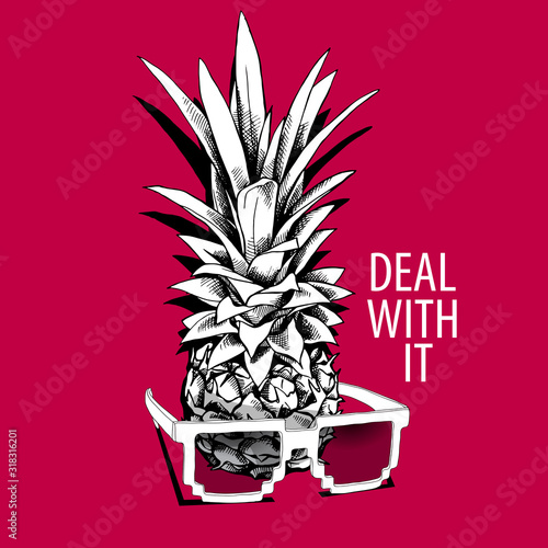 Pineapple in a glasses "Deal with it" on a red background. Vector illustration.