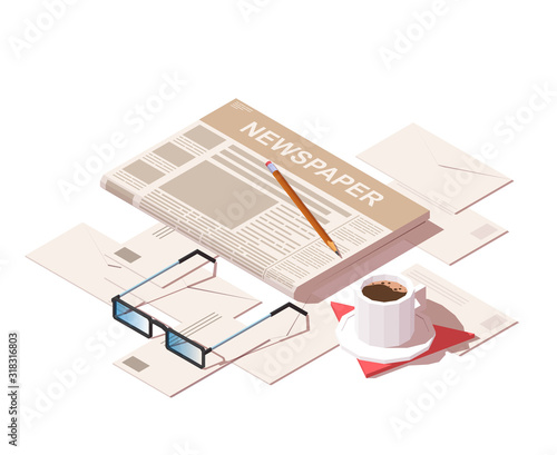 Vector isometric daily news paper, glasses for reading, pencil, letters and morning coffee. Morning newspaper concept. Isolated on white background.