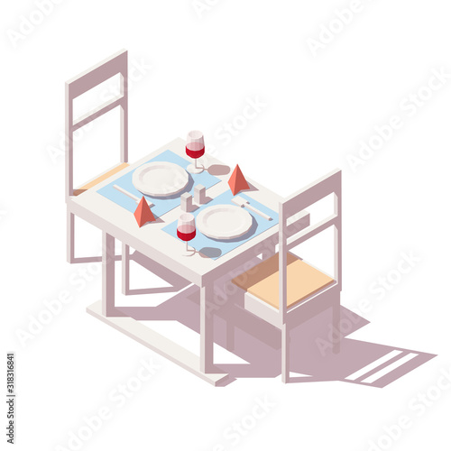 Vector isometric reserved restaurant table for two people with wine glasses, chairs, napkins and dishes. Isolated on white background.