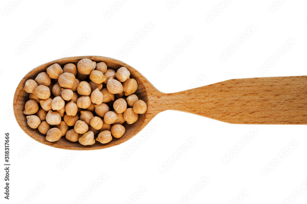 Chickpeas or Turkish peas in a wooden spoon on a white background Chickpeas or Turkish peas in a wooden spoon on a white background