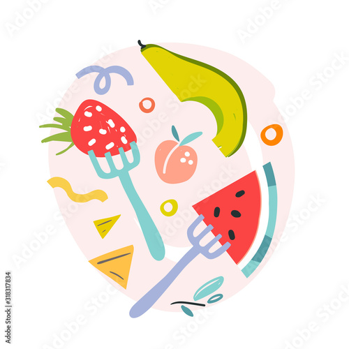 Fruit diet, fruit of fork, watermelon, strawberry and avocado, healthy diet concept. Modern flat handdrawn illustration, isolated vector arrangement. Colorful doodle drawing, fresh tasty summer food.