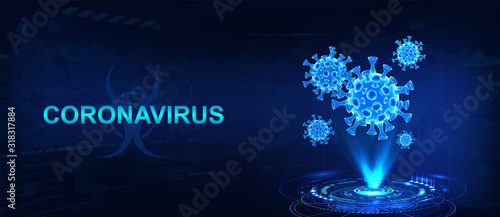 Hologram of coronavirus COVID-2019 on a blue futuristic background. Deadly type of virus 2019-nCoV. 3D models of coronavirus bacteria. Vectonic illustration in HUD style