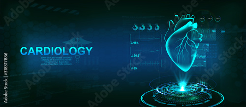 Healthcare Heart hologram, Cardiology technology concept with futuristic interface HUD. Modern medical examination  for monitoring the scanning and analysis of heart disease. Vector illustration photo
