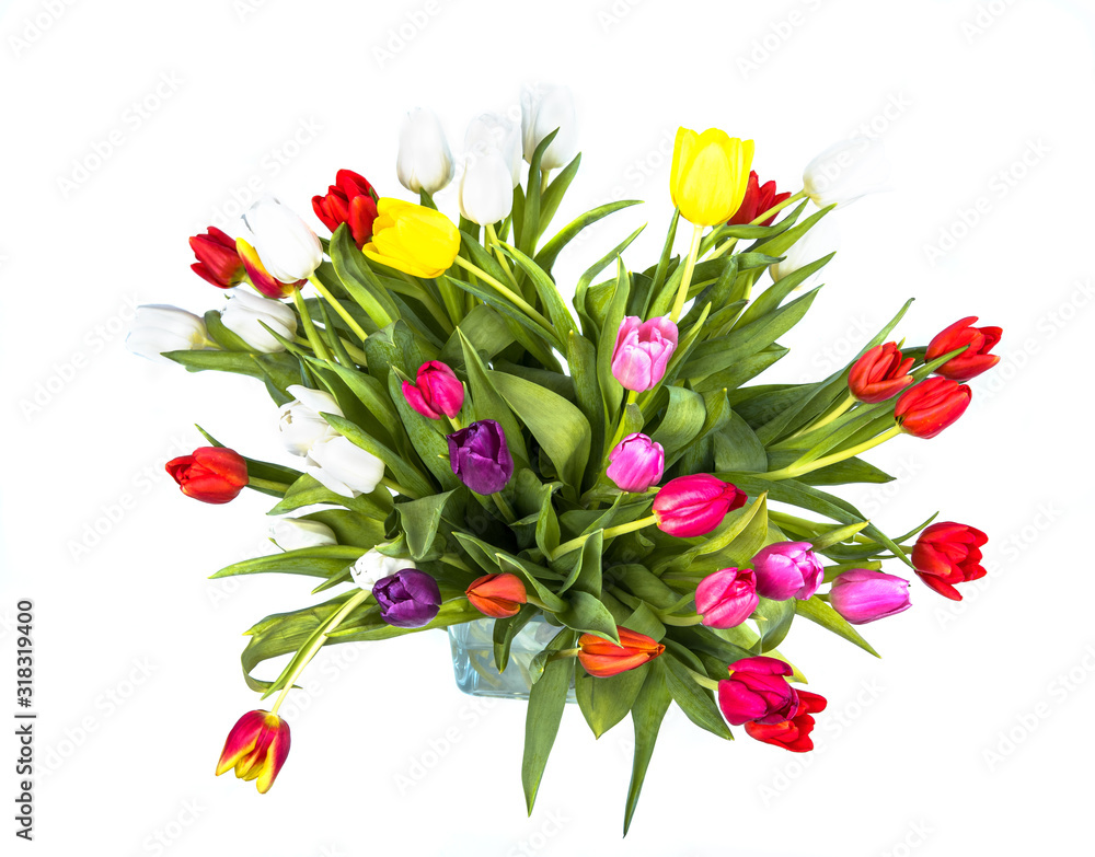 Bunter Tulpenstrauß von oben in Galsvase, Freisteller Bunter Tulpenstrauß von oben in Galsvase, Freisteller
