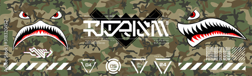 Military prints for clothes, T-shirts and other merchs. Futuristic lettering and design elements on a seamless camouflage background. Modern clothes for the city. Trendy Digital Prints set. Vector