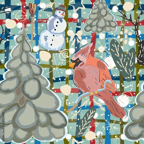 Seamless Winter Pattern with cute Cardinal Bird, Snowman and Spruce Tree. Vec...