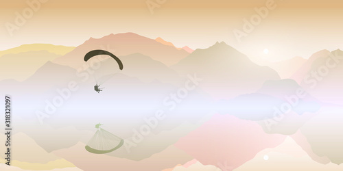 Silhouette of flying paraglider take a selfie with action camera above the mountain lake at sunrise. Vector illustration, EPS 10.