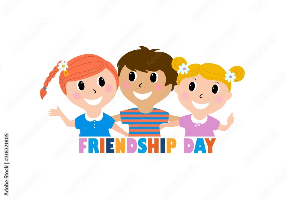 Cute kids smiling cartoon isolated on white background. Three best friends. Concept vector of friendship day