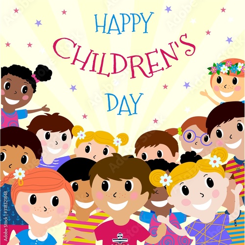 Happy children's day concept. Kids party. Template for advertising brochure. Funny cartoon character photo