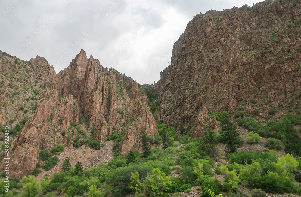 Low angle landscape of jagged hillsides and greenery at Black Canyon of the Gunnison National park in Colorado
