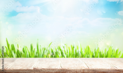 Wooden table and blurred green spring or summer background. Easter concept