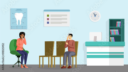 Dental clinic visit flat vector illustration. Orthodontic treatment center patients cartoon character. Young man and woman with toothache waiting in stomatology reception, dentist appointment