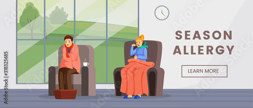 Seasonal allergy treatment web banner template. Health care and medicine landing page concept, healthcare service poster design. People with allergic reaction flat vector illustration with typography