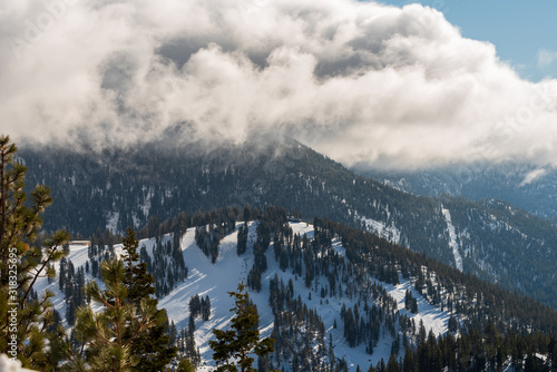 High angle landscape of mountain tops in snow at Diamond Peak near Incline Village, Nevada