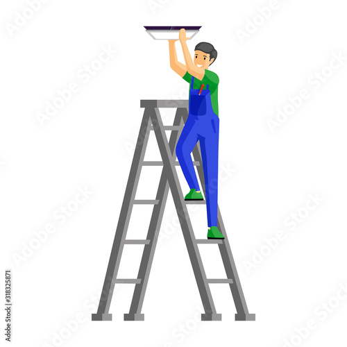 Repairman fitting lamp flat vector illustration. Cheerful male electrician standing on ladder cartoon character. Handyman in uniform fixing lamp to ceiling isolated on white background