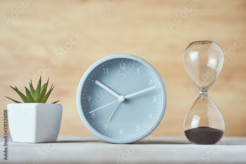 Hourglass, alarm clock and plant on the table, close up