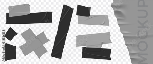 Set masking tape. Torn tape. Vector realistic black adhesive and grey masking tape pieces. Isolated vector illustration